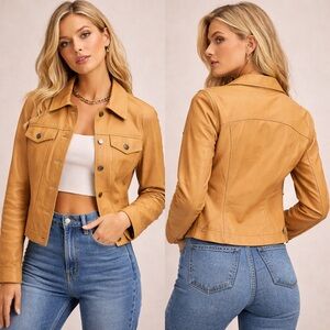 Rubbish Genuine Leather Jacket Tan Button Front Utility Moto Women’s Size Large